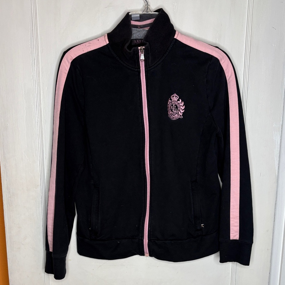 Vintage Ralph Lauren Black and Pink Track Jacket Large Petite